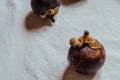 Mangosteen on light tablecloth, Fresh ripe fruits and showing the thick purple skin. is known as