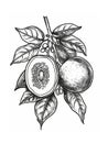 Vintage engraving of exotic tropical fruit Mangosteen on a branch with leaves Royalty Free Stock Photo