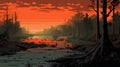 Mangrove Forest Firetrap: Retro 8-bit Art Of A Beautiful Swamp At Sunset