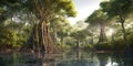 Mangrove forest in summer, panorama of river in wild jungle, generative AI