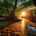 Mangrove Forest and Sun-ray lights Royalty Free Stock Photo