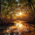 Mangrove Forest and Sun-ray lights Royalty Free Stock Photo