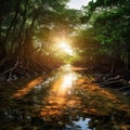 Mangrove Forest and Sun-ray lights Royalty Free Stock Photo