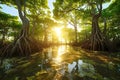 Mangrove forest at sunrise.Mangrove forest view