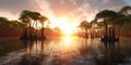 Mangrove forest at sunset, panorama of river in wild jungle, generative AI
