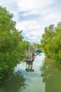 Mangrove forests and small fishing boats,Fishing Boat Anchored among Mangrove Forest ,Mangrove forests and small fishing boats in Royalty Free Stock Photo