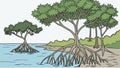 Mangrove trees, coastal wetland scene, vector design Generative AI
