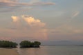 Mangroves in shallow water off coast of Lombok island in Indonesia. In background orange-colored clouds at sunset time. The calm. Royalty Free Stock Photo