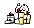 Mangy gift boxes with present and funny stickman doodle drawing.