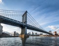 Manhattan Bridge with Brooklyn Bridge and Manhattan Skyline as background - New York, USA Royalty Free Stock Photo
