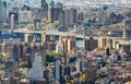 The Manhattan Bridge and Brooklyn Bridge, New York City. Aerial view from Midtown rooftop at sunset Royalty Free Stock Photo