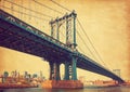 The Manhattan Bridge, New York City, United States. In the background  Manhattan and  Brooklyn Bridge. Photo in retro style. Added Royalty Free Stock Photo