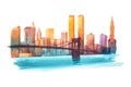 Manhattan bridge New York cityscape watercolor illustration.