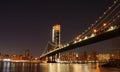 Manhattan Bridge at night as seen from Brooklyn Bridge Park in New York City. Royalty Free Stock Photo