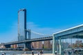 Manhattan Bridge over East River and waterfront condominium Manhattan New York City and Brooklyn Jane`s Carousel