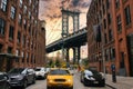 Manhattan bridge at sunset seen from Brooklyn DUMBO area Royalty Free Stock Photo