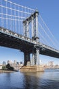 Manhattan Bridge Tower from Brooklyn early in the morning with blue sky and sun shine Royalty Free Stock Photo