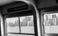 Manhattan Cityscape View Through Cruise Boat Window in Black and White Perspective. Futuristic Buildings, Skyscrapers and Towers.