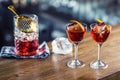 Manhattan cocktail drink decorated on bar counter in pub or rest Royalty Free Stock Photo