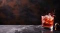 Manhattan cocktail. Glass of a manhattan cocktail on stone table. Whiskey cocktail. Copyspace. Horizontal format. Food photo. Ai Royalty Free Stock Photo