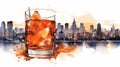 Manhattan cocktail illustration. Glass of a Manhattan whiskey cocktail on Manhattan background. illustration Ai generated Royalty Free Stock Photo