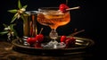 Manhattan cocktail. Photo of a manhattan cocktail on table with dark night background. Whiskey cocktail. Horizontal banner. Ai