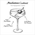 Manhattan cocktail recipe vector hahddrawn illustration sketch