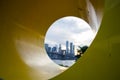 Manhattan Downtown Financial District Skyline and Brooklyn Bridge as Seen Through Yo Sculpture from Mainstreet Park in Brooklyn