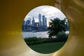 Manhattan Downtown Financial District Skyline and Brooklyn Bridge as Seen Through Yo Sculpture from Mainstreet Park in Brooklyn Royalty Free Stock Photo