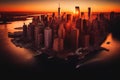 Manhattan Financial District Skyline. New York City skyscraper at sunset, aerial view. Royalty Free Stock Photo