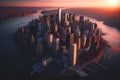 Manhattan Financial District Skyline. New York City skyscraper at sunset, aerial view. Royalty Free Stock Photo