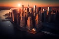 Manhattan Financial District Skyline. New York City skyscraper at sunset, aerial view. Royalty Free Stock Photo