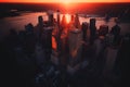 Manhattan Financial District Skyline. New York City skyscraper at sunset, aerial view. Royalty Free Stock Photo