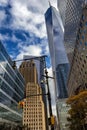 Manhattan financial district skyscrapers and blue sky