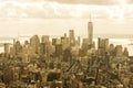 MANHATTAN, NEW YORK CITY. Manhattan skyline and skyscrapers aerial sunset view Royalty Free Stock Photo