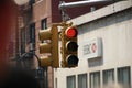 Manhattan, New York City, New York - June 10 2009. Red color traffic light with HSBC Bank building in the background. Royalty Free Stock Photo