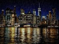 Manhattan new york city skyline at dusk from brooklyn side under heavy rain Royalty Free Stock Photo