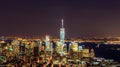 Manhattan New York City Skyline at Night. Freedom Tower, Lady Liberty Statue, Hudson River and Illuminated Buildings Royalty Free Stock Photo