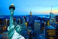 Manhattan new york city skyline statue of liberty sunset dusk night Royalty Free Stock Photo