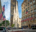 Manhattan, New York City, United States of America, St. Patrick`s Cathedral, Rockefeller Center Plaza, 5th ave, American flags Royalty Free Stock Photo