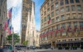 Manhattan, New York City, United States of America, St. Patrick`s Cathedral, Rockefeller Center Plaza, 5th ave, American flags Royalty Free Stock Photo