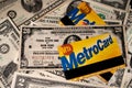 Metrocard on old 20 dollar banknote. Federal Reserve Bank of New York with Metro Card, Royalty Free Stock Photo