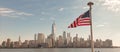 Manhattan, NYC aerial view. American flag in NYC. Memorial Day, Veteran's Day, 4th of July in NYC. American Flag Royalty Free Stock Photo