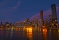 Manhattan panorama at dusk as seen from Roosevelt Island in New York, USA. Royalty Free Stock Photo