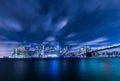 Manhattan panoramic skyline at night with Brooklyn Bridge. Royalty Free Stock Photo