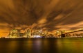 Manhattan panoramic skyline at night with Brooklyn Bridge. Royalty Free Stock Photo