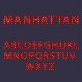 Manhattan. Red letters with luminous glowing lightbulbs. Vector typography words design. Template type font for poster