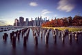 Manhattan skyline from Brooklyn Bridge Park. New York City, USA. Office buildings Royalty Free Stock Photo