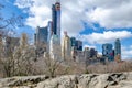 Manhattan Skyline view from Central Park New York City with rocks in the forefront Royalty Free Stock Photo