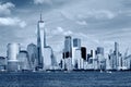 Manhattan Skyline over Hudson river, Black and white blue toned Royalty Free Stock Photo